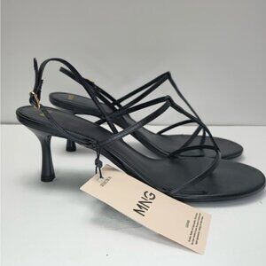 Mango - Ladies Heeled Leather Sandal with Straps - Black. Size: 9.5 (US). NWT